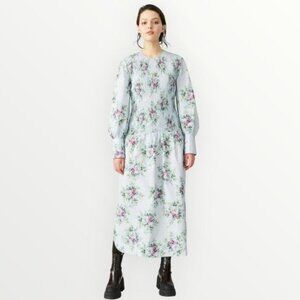 Ganni Organic Cotton Poplin Smocked Long Sleeve Maxi Dress Heather Blue